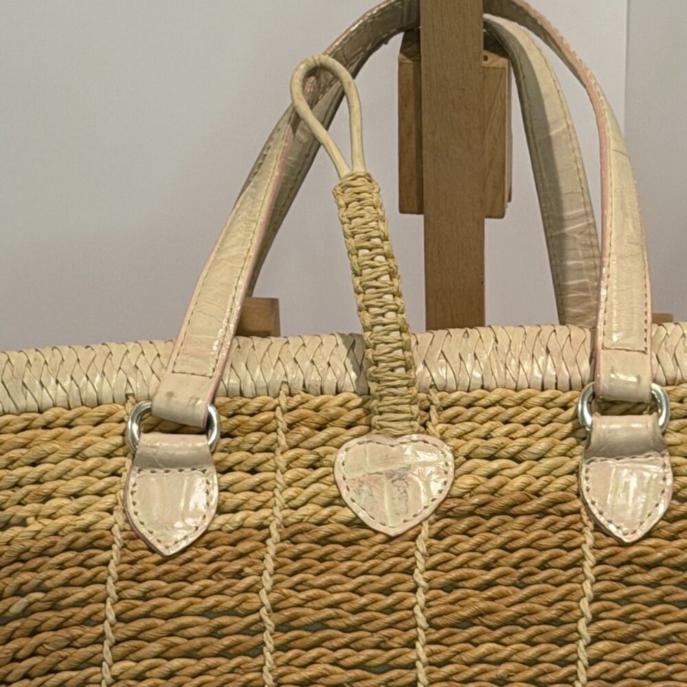 Brighton Woven Straw Basket Handbag Cream Handles Floral Button Summer Purse